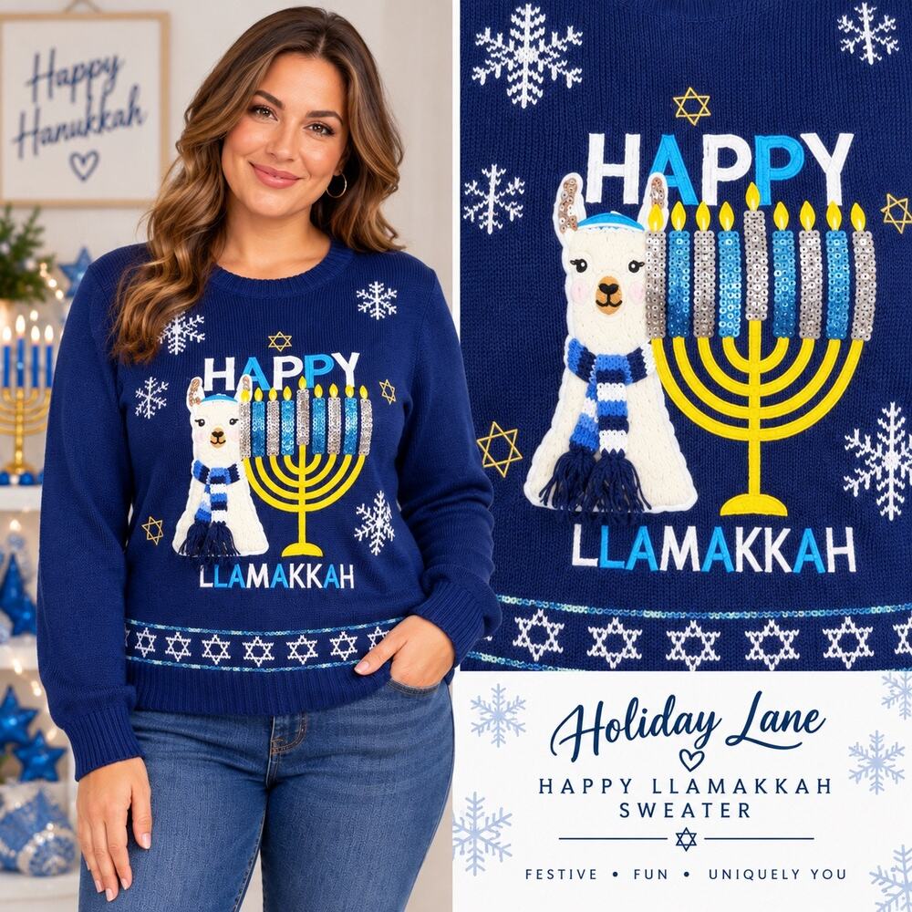 Holiday Lane Womens Hanukkah Sweater Happy Llamakkah Llama Menorah Sequin Blue L